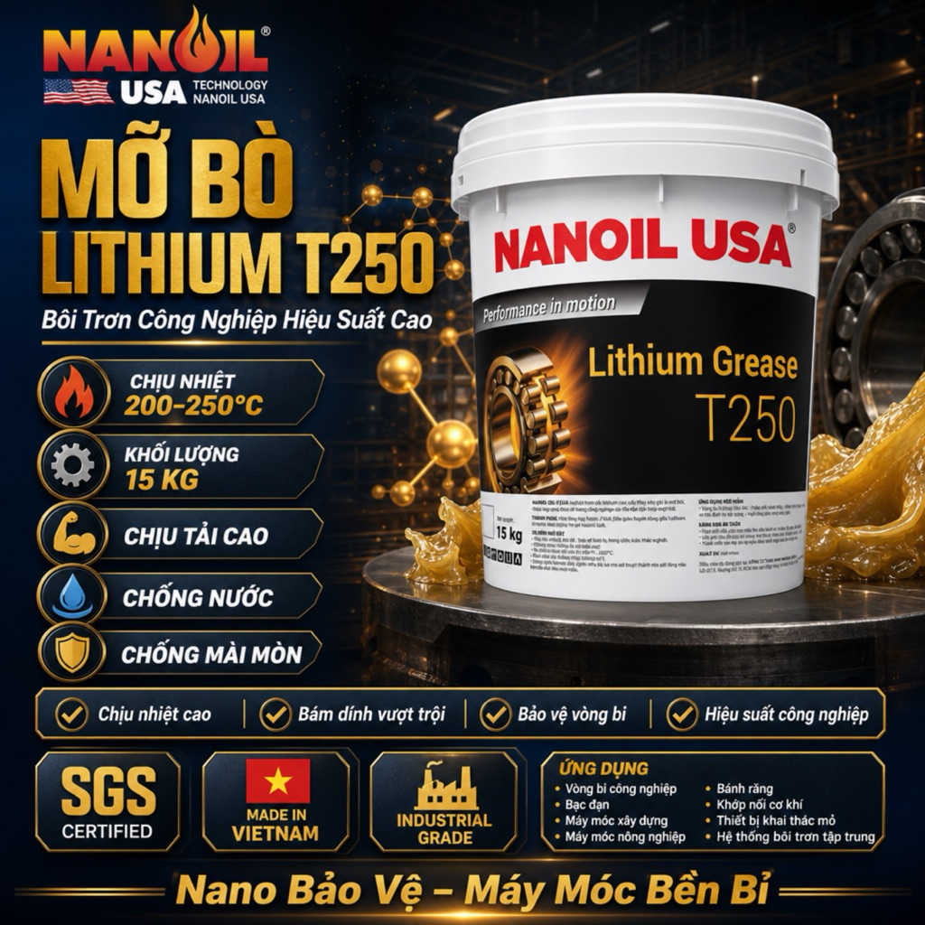 Mỡ Bò Lithium Nanoil USA T250 15Kg – Mỡ Bôi Trơn Chịu Nhiệt 200–250°C, Chống Nước, Bạc đạṇ, Vòng Bi