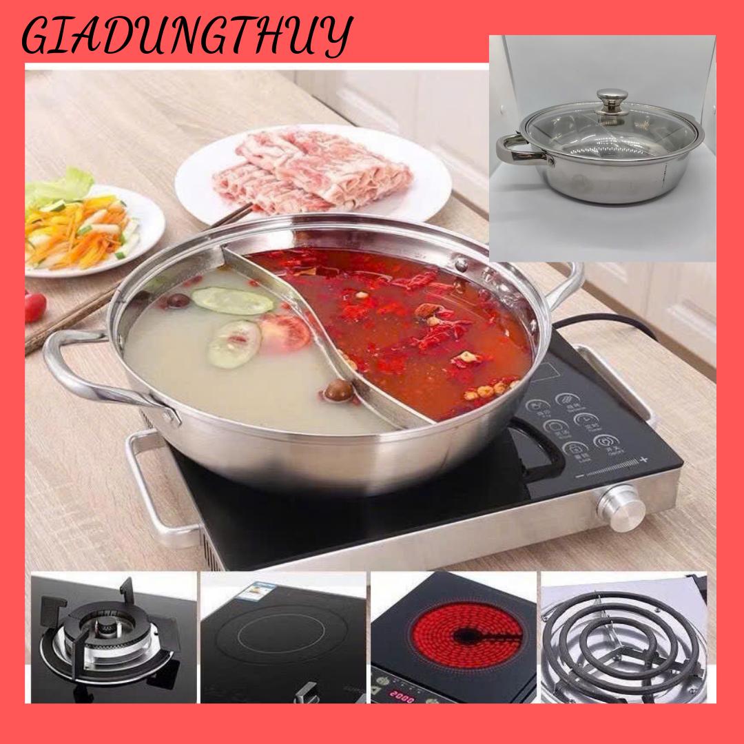 Nồi lẩu inox 2 ngăn nắp kính cao cấp dùng nấu được bếp từ và bếp ga