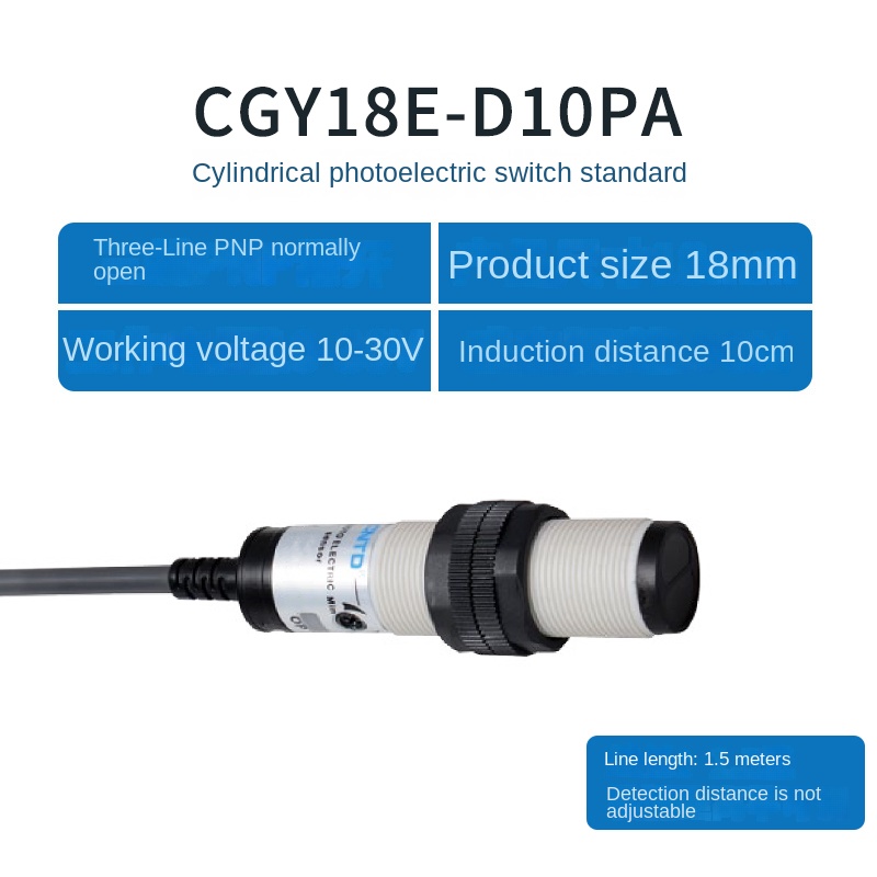 Cảm Biến Quang Điện CGY18E-D10PA M18 CNTD - tùy chọn PNP/NPN Thường Mở/Thường Đóng, 3 Dây, M18, 10-30cm