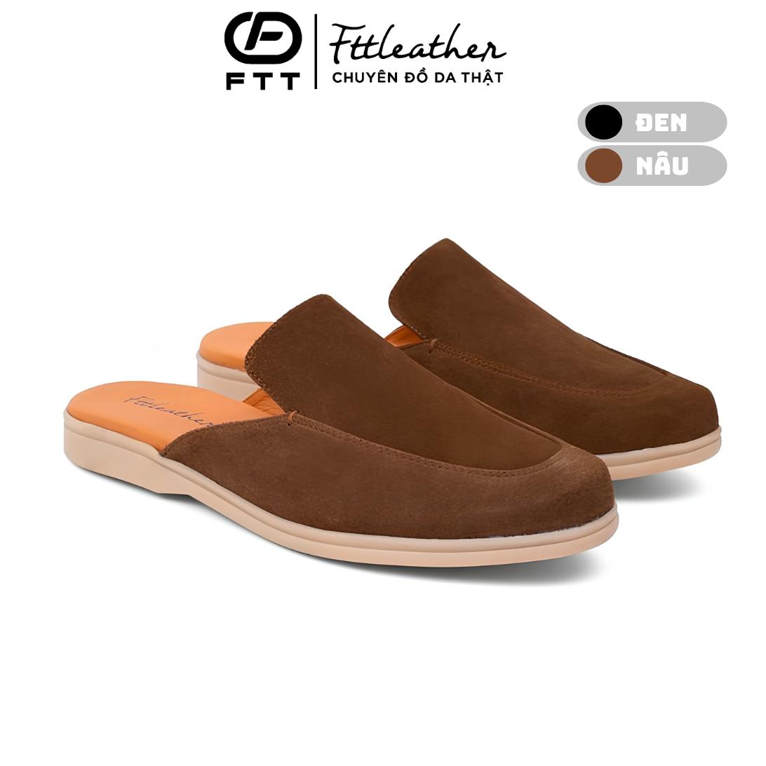 Giày sục nam da lộn cao cấp chính hãng FTTLeather, giày hở gót nam da bò giày sục nam màu nâu be đế cao su êm chân FC504B2