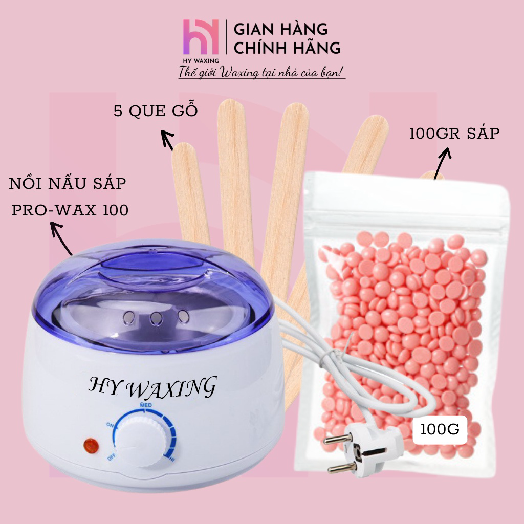 [CHE TÊN] Combo Nồi Nấu Sáp Wax Lông Pro Wax 100 +100gr Sáp Cao Cấp Tặng Kèm 5 Que Gỗ HYWAXING