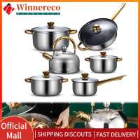 【winnereco】12-Piece Stainless Steel Cookware Set with Heat-Resistant Handles Perfect for Family Kitchen and Everyday Meal Preparation