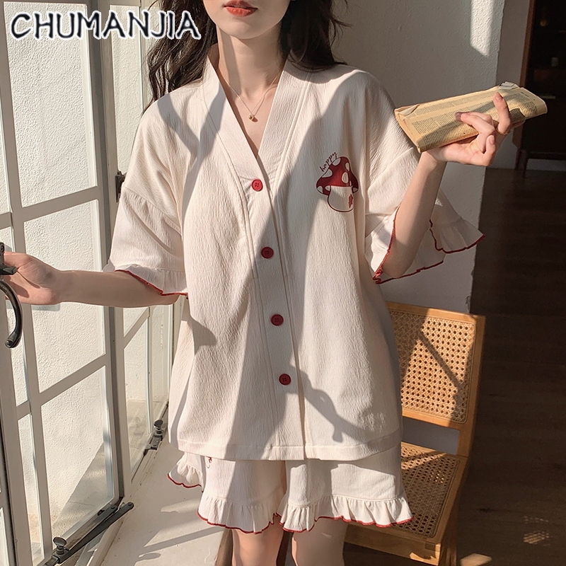 CHU MAN JIA   đồ ngủ quần short tay ngắn Áo cardigan cổ chữ V mỏng quần áo gia đình cotton đám mây với miếng đệm ngực đồ ngủ xù đơn hàng cúc hai bộ chi tiết