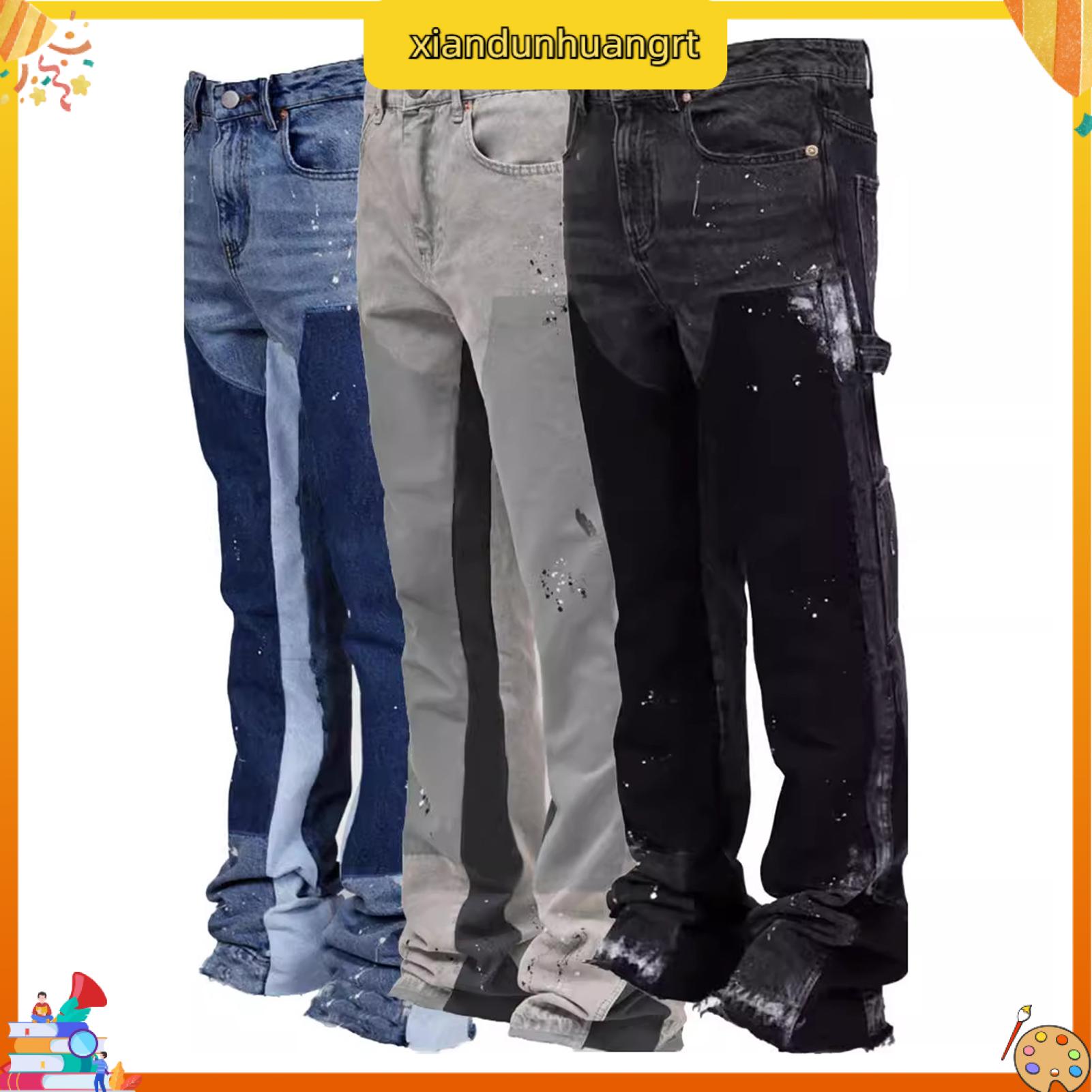 Comfortable Men Jeans Men Denim Vintage Patchwork Flared Jeans for Men Bell-bottom Denim Pants for Casual Wear Travel and Work Elastic Waistband for Comfort Fashion Trend