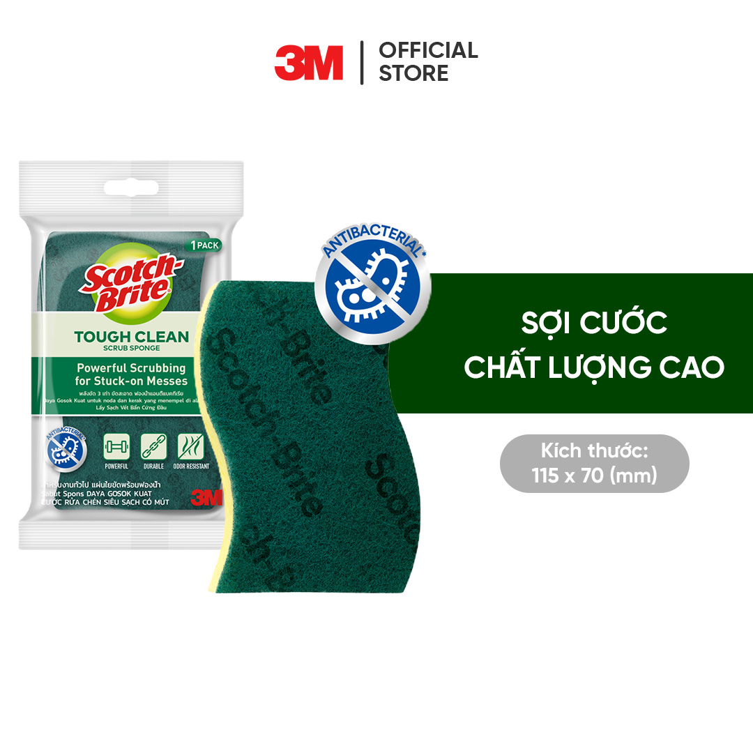 Cước rửa chén 3MTM Scotch-Brite®, kháng khuẩn, 2 mặt chống trầy, gói 3 miếng, xanh/ hồng, Làm sạch các vết bẩn cứng đầu