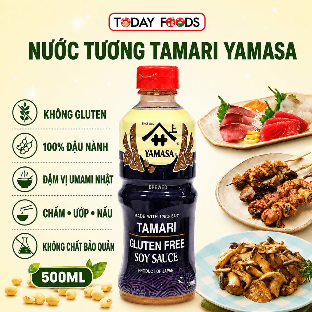 Nước Tương Tamari Yamasa Gluten Free Soy Sauce 500ml Nhật Bản - 100% Đậu Nành, Không Lúa Mì, Chấm Sushi Sashimi, Ướp Nấu