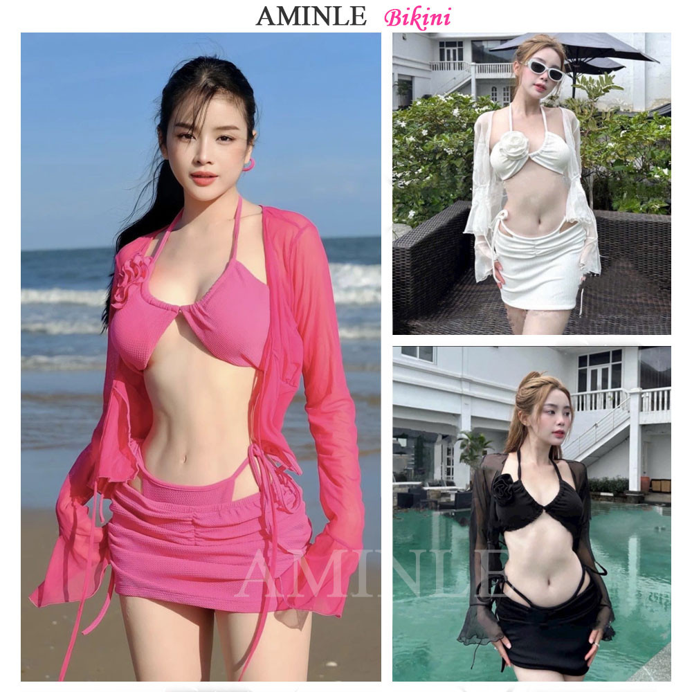 Sét Bikini 4 mảnh hồng sexy phối hoa cài áo, Set 4 chi tiết cao cấp DJ MIE BK038