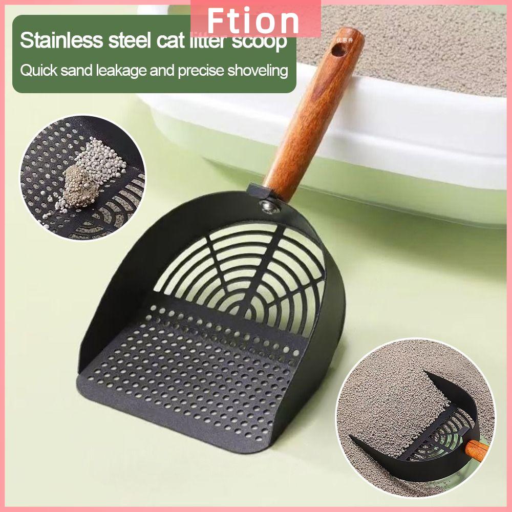 FTION Có tay cầm bằng gỗ Xẻng xúc mèo Thép không gỉ Lưới mịn Dụng cụ vệ sinh phân mèo Bền Chống trượt Muỗng múc bồn cầu cho mèo Dụng cụ vệ sinh thú cưng