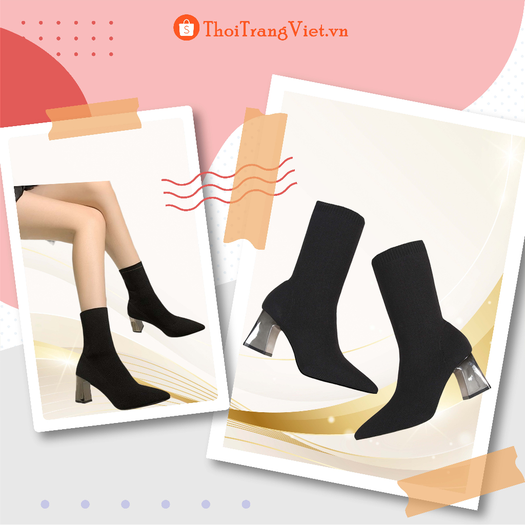 Giày bốt len nữ ôm chân mũi nhọn thời trang, Bốt len nữ cổ lửng gót trụ bạc tráng gương cao 7 phân hàng Quảng Châu