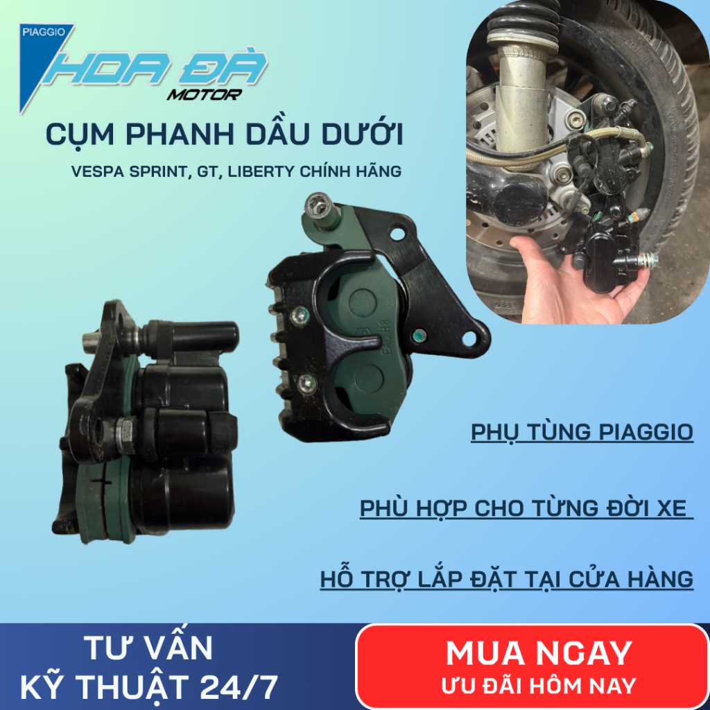 Cụm Phanh Dầu Dưới (Heo Dầu) Vespa Sprint/GT/Liberty Chính Hãng Piaggio Thay thế Đồng Bộ