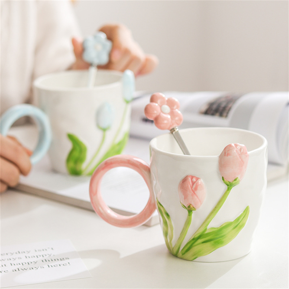 Chiply【✅Hàng có sẵn】tay cầm nhẵn cốc uống Gốm Hoa Tulip thanh lịch cao cấp thích hợp cốc cà phê ly gốm cốc nước [có thìa]