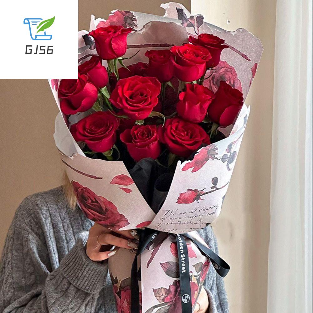 GJ56 10PCS Giấy kraft Giấy gói hoa Lãng mạn Đồ thủ công tự làm Bó hoa giấy Ngày Valentine Họa tiết hoa hồng Vật liệu đóng gói Gói Hoa