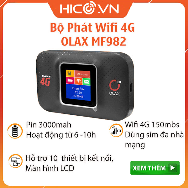 Bộ Phát Wifi 4G LTE OLAX MF982 Màn Hình LCD Tốc Độ 150Mpbs Pin 3000mAh