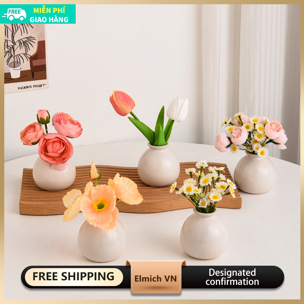 Mini miệng rộng bình gốm nhỏ Bộ hoa nhân tạo phong cách Hàn Quốc bó hoa trang trí giả để bàn Đồ trang trí nhỏ Bình hoa nhỏ gốm thủy canh mini Bộ hoa dễ thương