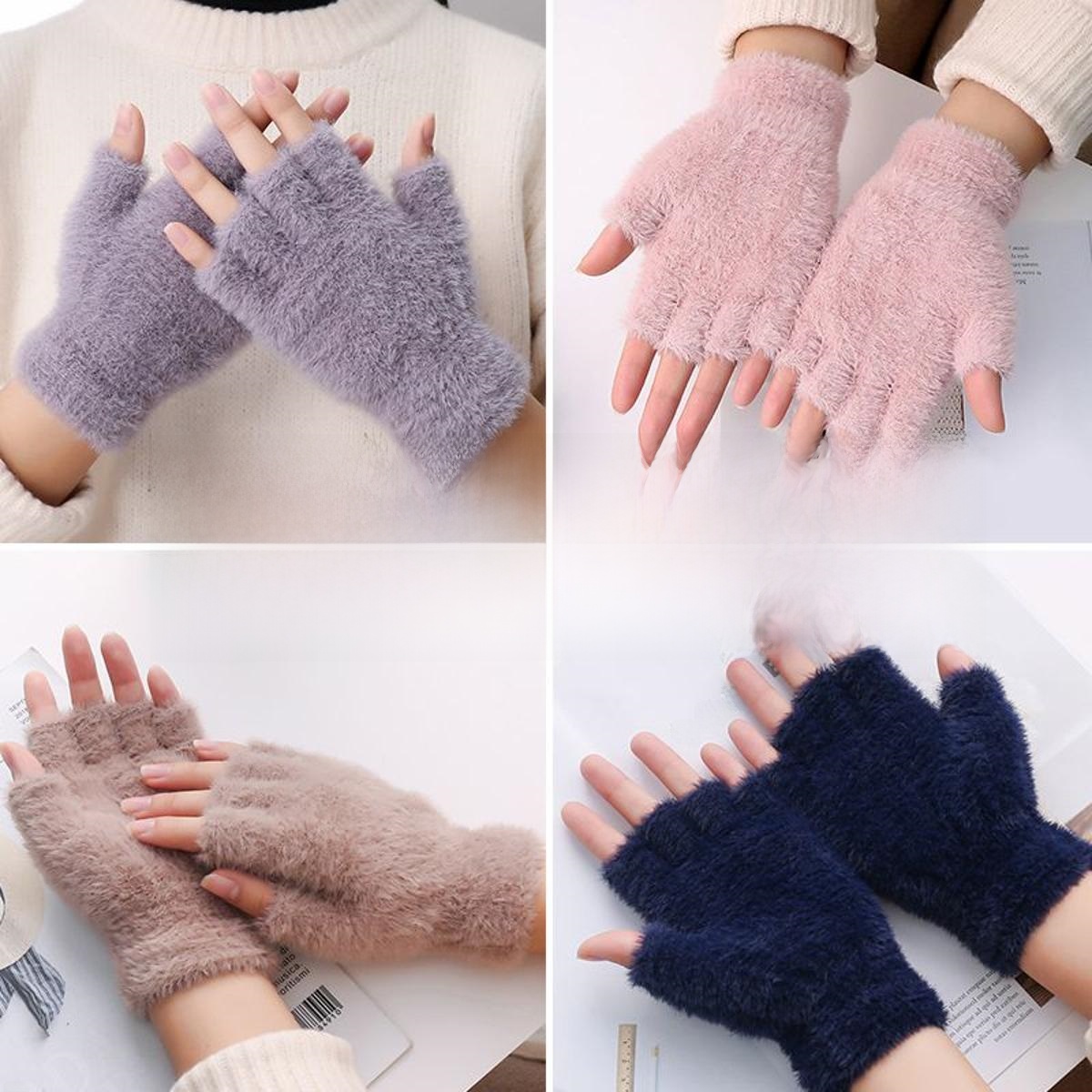Pack of 3 Winter Warm Wool Fingerless Gloves for Girls & Women – Soft Plush Knitted Half Finger Mittens, Fancy Wool Winter Gloves for Ladies & Girls