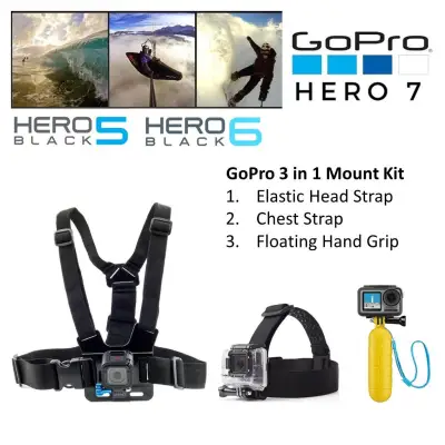 GoPro 3 in 1 Accessories Chest Mount Harness Elastic Head Strap Floating Handheld Grip Adjustable Belt Action Camera Hero 5/6/7