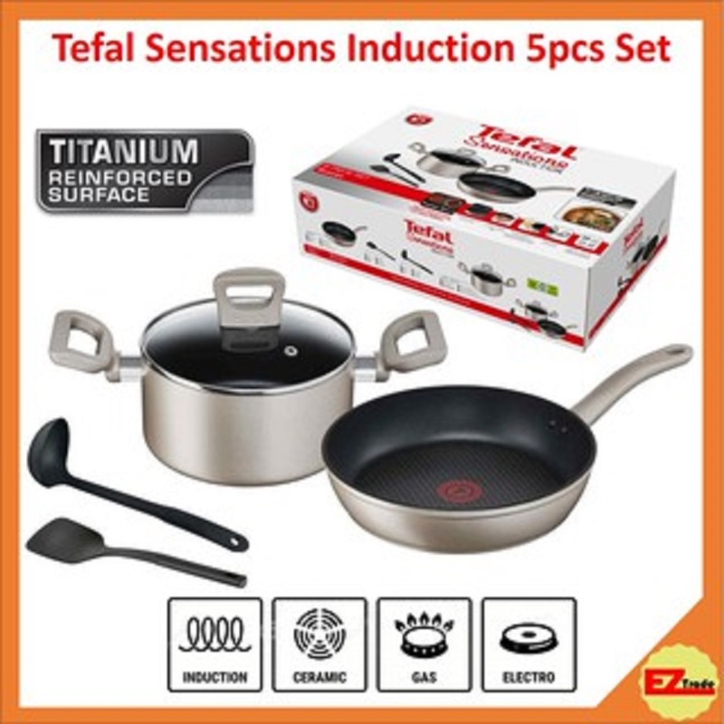 Tefal Sensations Induction 5pc Set (Frypan / Frying Pan 26cm + Stewpot 20cm w/lid + Spatula + Ladle) H910S5 (100% Authentic) Singapore