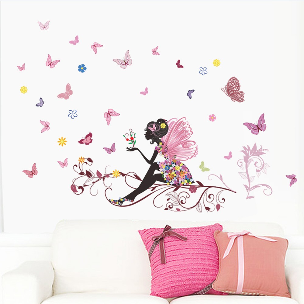 Hozzby bướm hình dán tường nữ hoa cổ Tích Đề can dán tường thiên thần nội thất trang trí phòng ngủ 【hàng có sẵn】