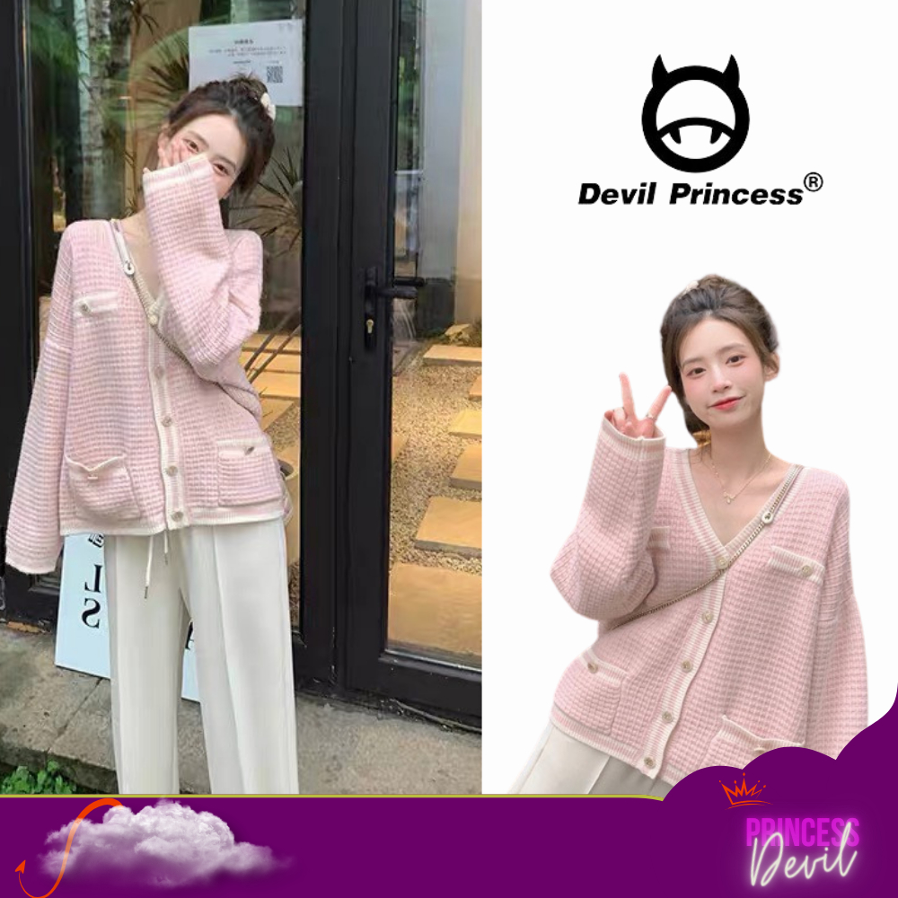 AA18-Áo khoác cardigan len màu hồng dễ thương form dài dáng rộng chất len mịn Quảng Châu Devil Princess deliz
