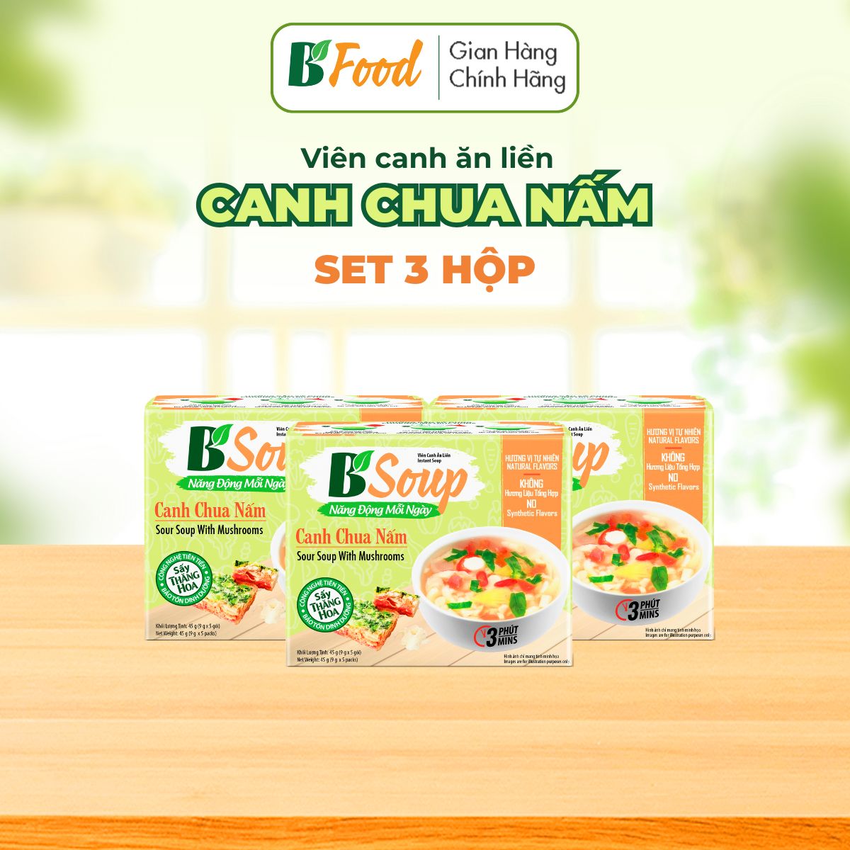 3 Hộp/ 15 Viên Canh Chua Nấm Ăn Liền, sấy thăng hoa, thực phẩm tiện lợi nhanh chóng, B' Soup