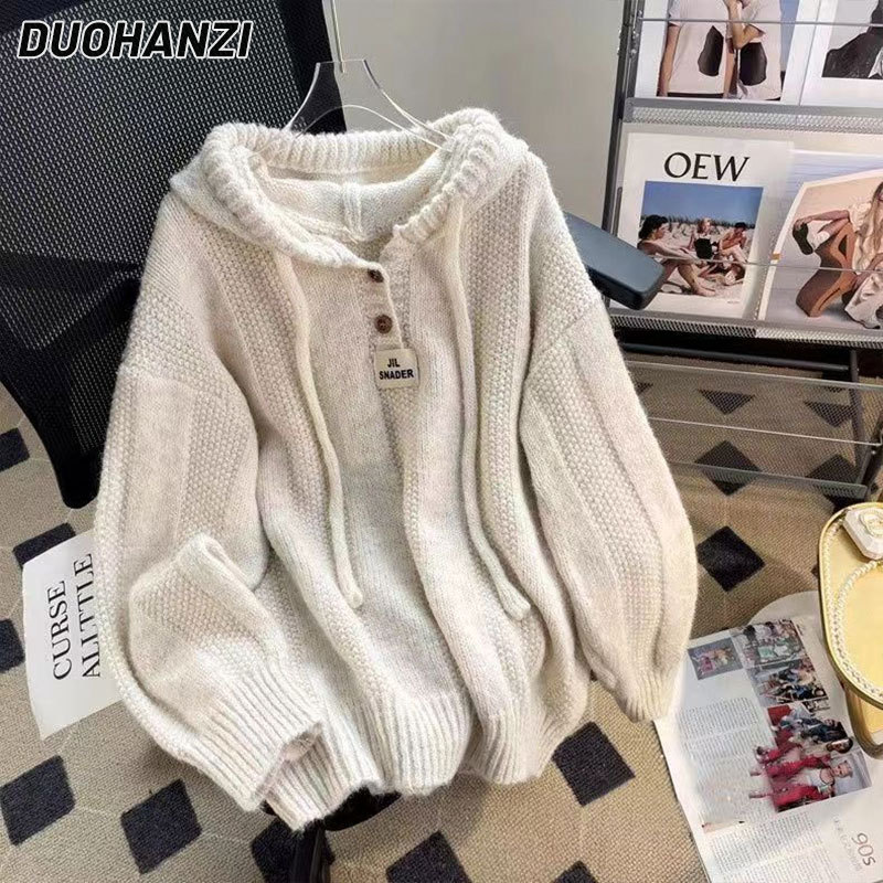 DUOHANZI Japanese and foreign style hooded thickened sweater women's autumn and winter loose soft waxy lazy wind drawstring knitted sweater top