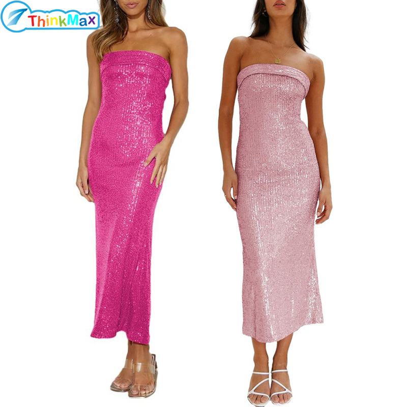 Women Sequin Backless Tube Maxi Dress Solid Color Off Shoulder Slim Fit Glitter Wrap Dress For Party ราคา 507 บาท*ส่งฟรี
