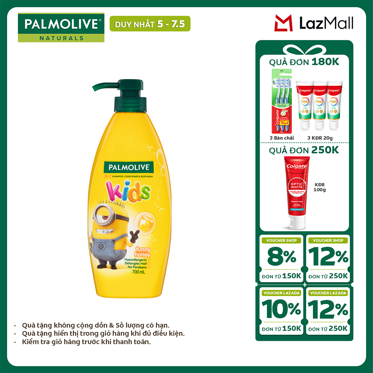 [Chỉ 5-7.5_X2 Voucher giảm 24%] Dầu gội 3 trong 1 Palmolive Kids Minion tắm gội xả toàn thân cho bé từ 3 tuổi, hương mật ong, dịu nhẹ, không kích ứng