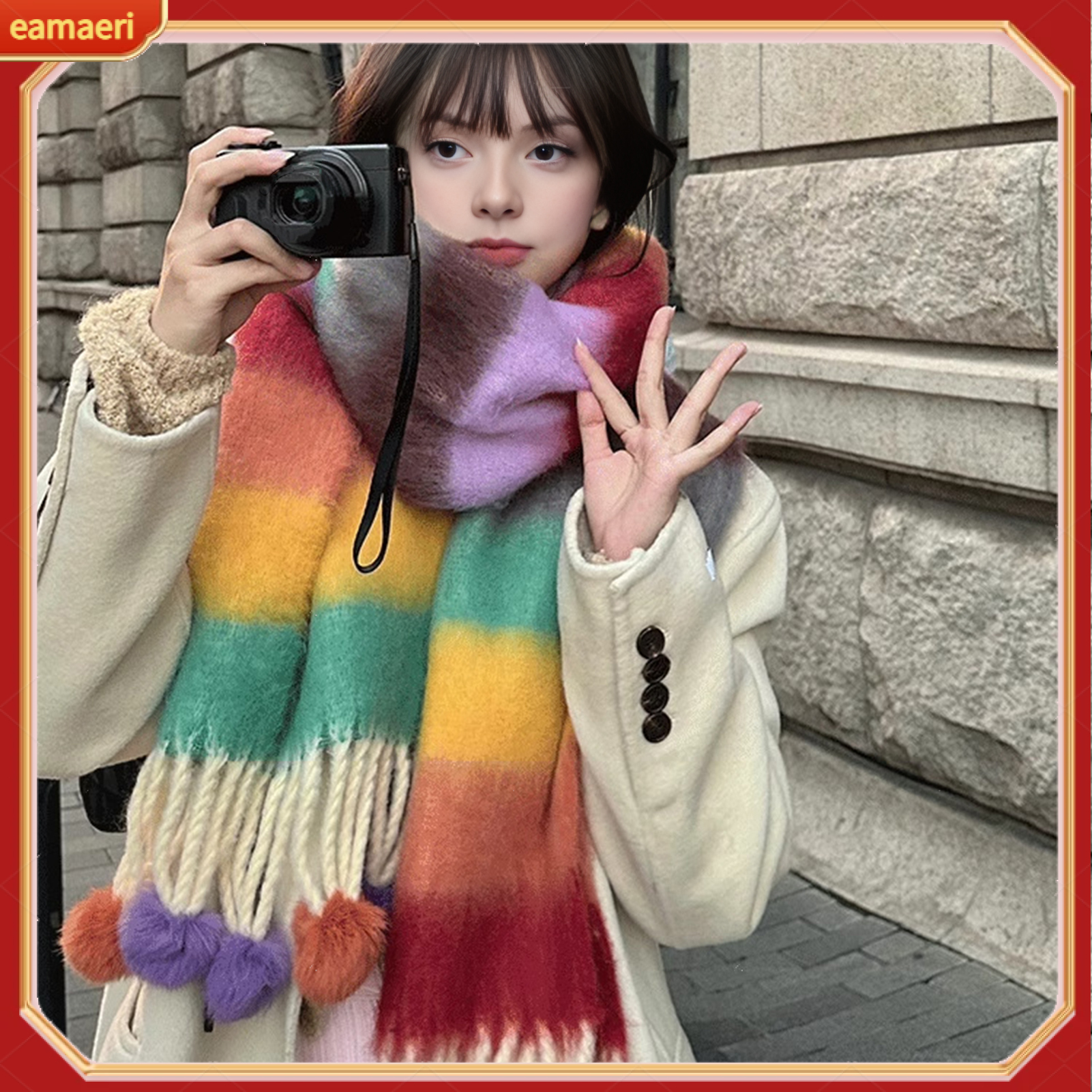 Women Scarf Rainbow Color Striped Scarf with Plush Balls Tassel Winter Thickened Warm Couple Scarf Versatile Wear ราคา 470 บาท*ส่งฟรี
