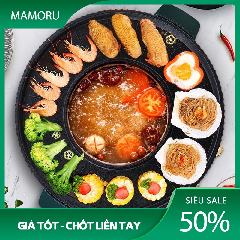 [ SIZE LỚN ] Nồi Lẩu Nướng Điện Đa Năng Công Nghệ Nhật, Nồi Lẩu Nướng Điện Đa Năng 2 Trong 1 , Có 2 Mâm Nhiệt Độc Lập Chiên, Nướng, Xào, Rán, Nấu,Ninh,Hầm,Hấp - MAMORU