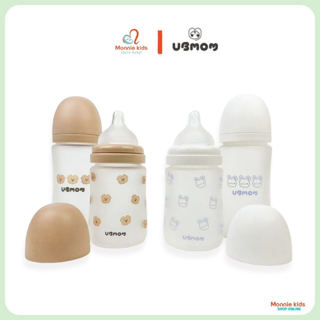 Bình sữa thuỷ tinh cho bé Ubmom 180ml/240ml, bình sữa trẻ em cách nhiệt cao cấp - Monnie Kids