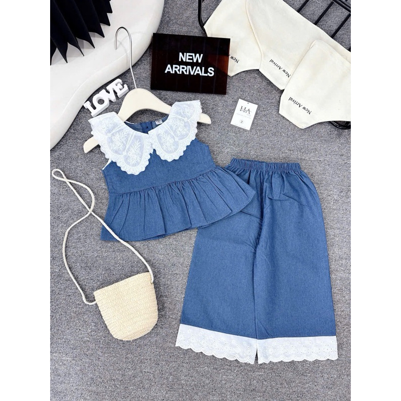 HA13 Bộ quần áo bé gái Set áo sát nách cổ bèo ren babydoll quần ống rộng cho bé gái