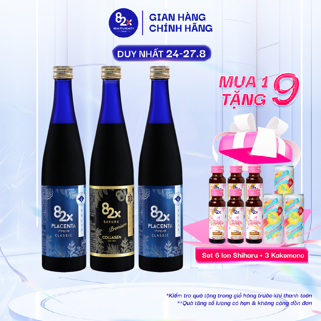 Combo 3 chai 82X cho làn da Sương mai mọng mướt gồm Placenta + 82X Sakura Collagen + 82X Placenta 500ml/chai - Nước uống đẹp da đến từ Nhật Bản