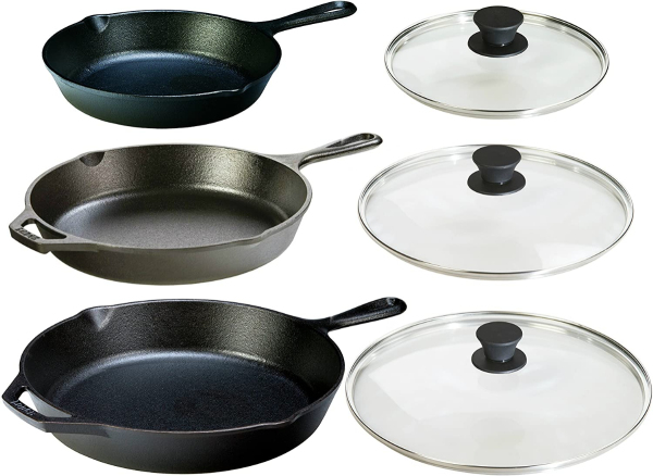 Lodge Seasoned Cast Iron 6 Piece Bundle. Three Sets of Cast Iron Skillets with Tempered Glass Lids. (8 Inch Set + 10.25 Inch Set + 12 Inch Set) 8 + 10.25 + 12 Skillet Singapore