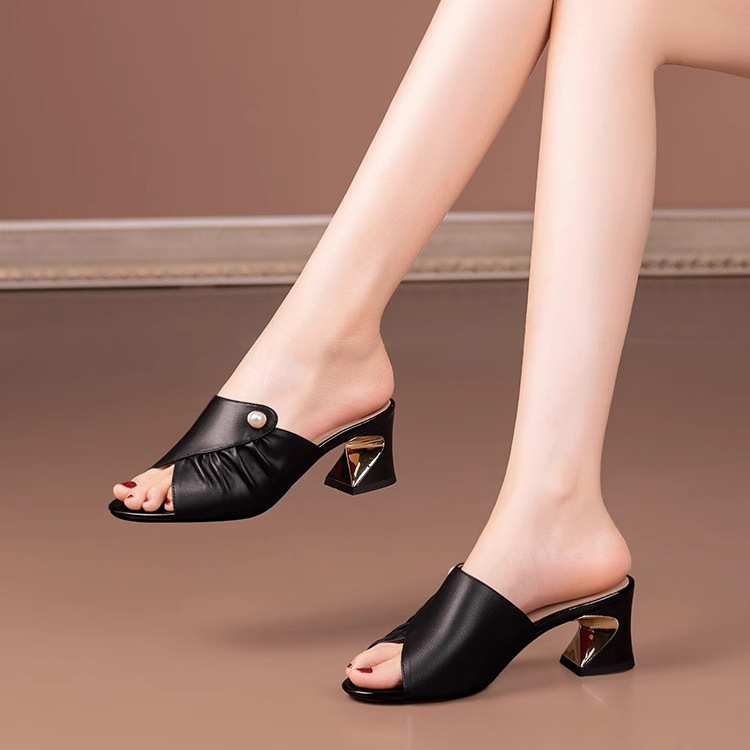 (ẢNH THẬT) Guốc cao gót vuông màu 5p quai nhúm kết ngọc gót vàng ánh kim -MãSố CG210