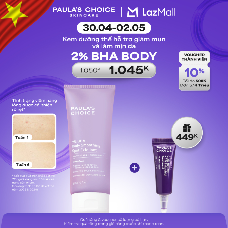 Kem dưỡng thể hỗ trợ giảm mụn và làm mịn da Paula's Choice 2% BHA Body Smoothing Spot Exfoliant 210ml 5701
