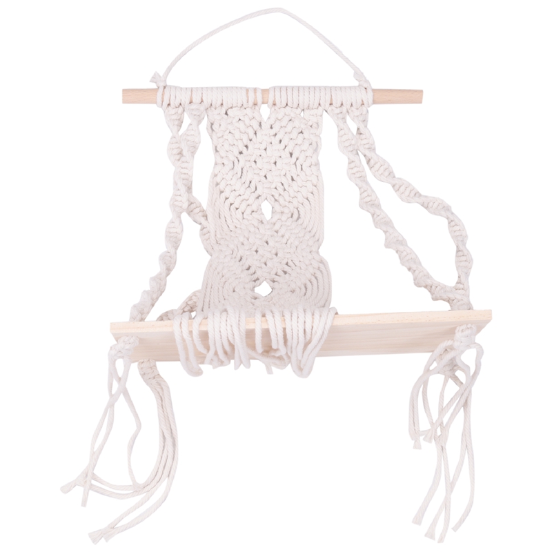 (U G B R) Boho Macrame Wall Hanging Shelf Handmade Woven Tapestry Rack Wood Floating Storage Hanger for Home Wall Decor