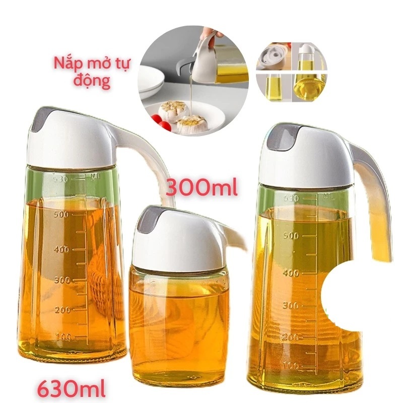 Bình Đựng Dầu Ăn Gia Vị Thủy Tinh Tự Mở Nắp Khi Rót 630ml và 300ml