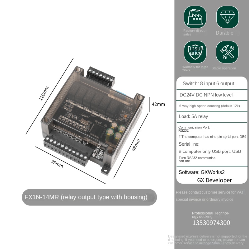 Board Mạch PLC FK FX1N-14MR: 8 input 6 output Đầu Ra Rơle, DB9 RS232, 24VDC, xung tốc độ cao,Hỗ Trợ GX Works2/GX Developer Mitsubishi - FX1N - FK1N-14MR CÓ VỎ