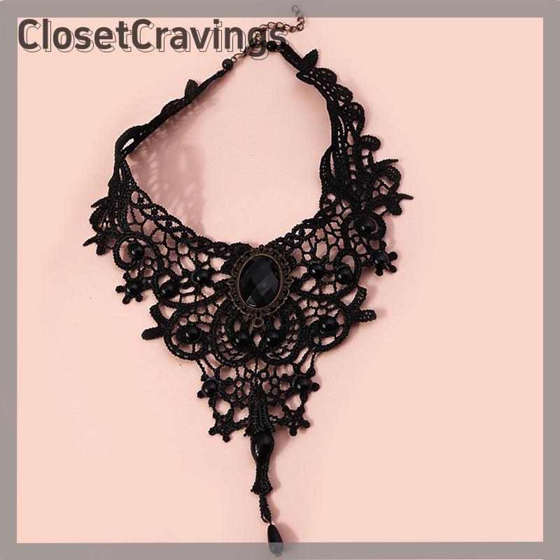 ClosetCravings Phụ Nữ Ren Màu Đen Hạt Choker Victoria Đá Quý Sexy Gothic Cổ Áo Vòng Cổ Món Quà Tốt Đẹp Cho Phụ Nữ