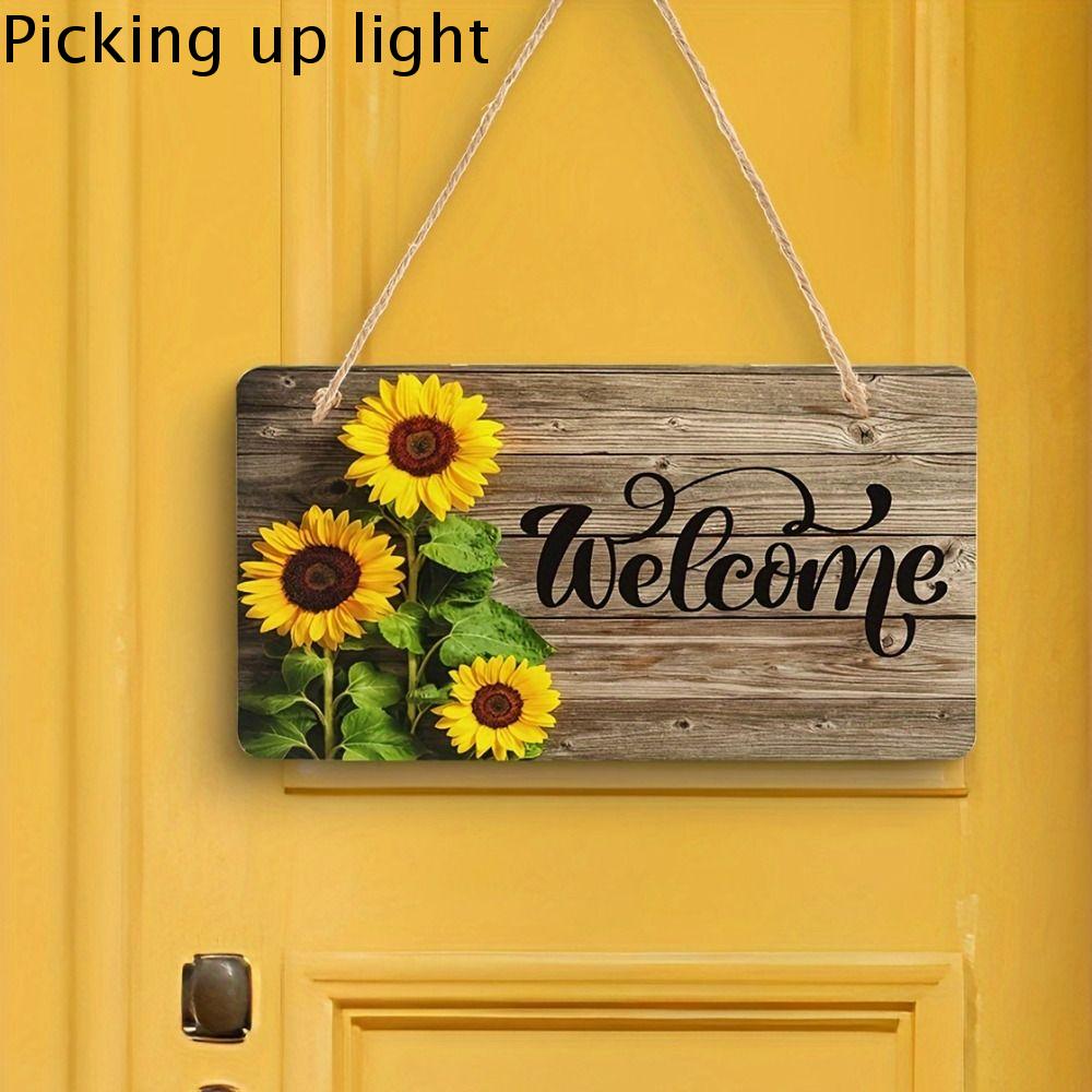 PICKING Phong cách đồng quê Biển chào mừng Hoa Hướng Dương Treo Hình chữ nhật Biển hiệu cửa CHÀO MỪNG Đồ trang trí móc treo trong nhà Trọng lượng nhẹ Bảng hiệu trang trí bằng gỗ Nhà