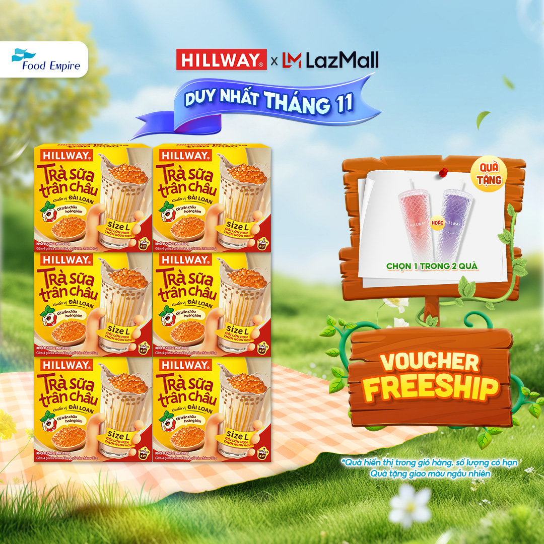 Combo 6 hộp Trà sữa trân châu Hoàng Kim - Hillway - Chuẩn vị Đài Loan size L (hộp 4 gói trà sữa 4 gó