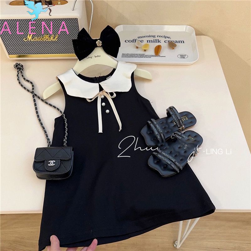 ALENA bé gái váy đen nhỏ  mùa hè cô gái đầm tay bé vest váy công chúa váy búp bê cổ áo đầm