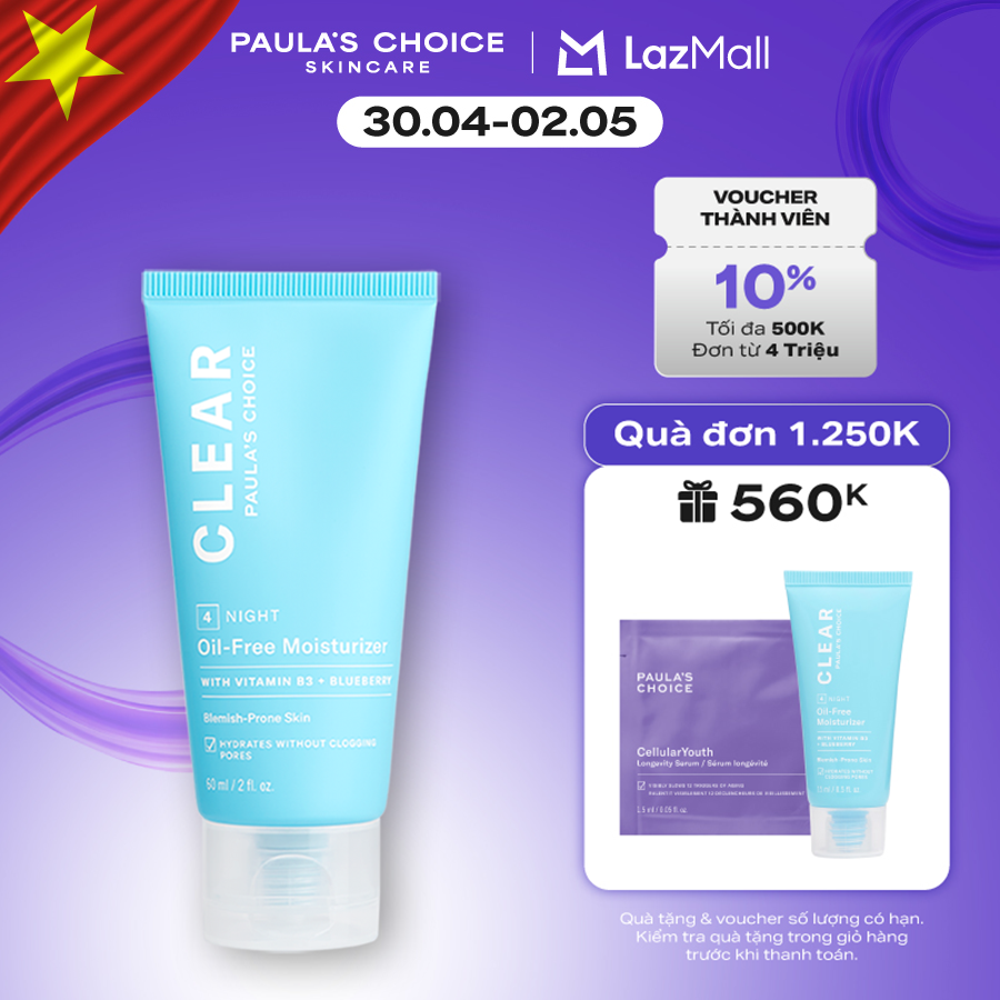 Kem Dưỡng ẩm dịu nhẹ không chứa dầu dành cho da mụn Paula’s Choice Clear Oil-Free Moisturizer 60ml- 3800