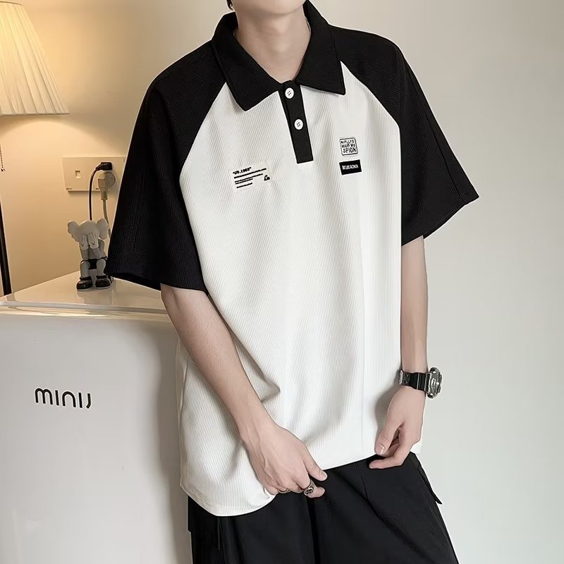 FCMPATHW  Áo Polo Màu Tương Phản Áo Phông Nam Ngắn Tay Áo Phông Nam Nặng Cổ Điển Kiểu Mỹ Áo Năm Phân Đường Phố Thương Hiệu Sành Điệu Mẫu Mới Mùa Hè - 3