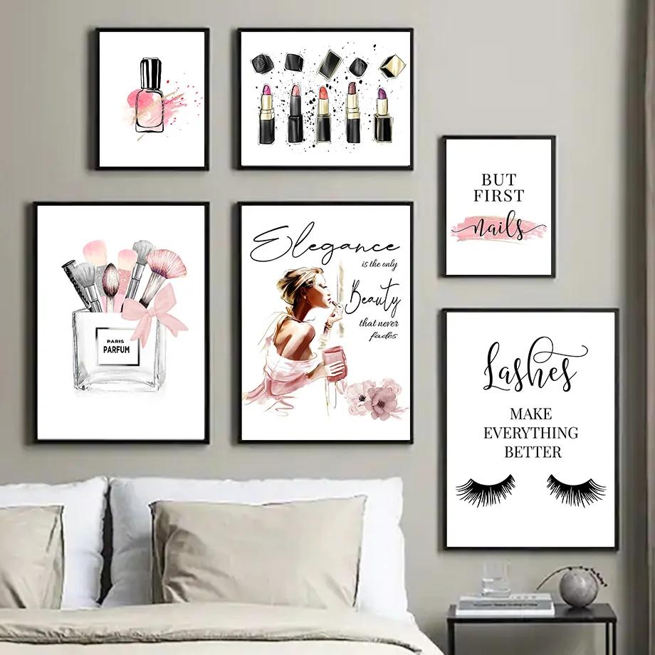 Tranh Treo Tường Phong Cách Salon: Nước Hoa, Son Môi, Sơn Móng & Lông Mi Poster Bắc Âu Trang Trí Phòng Khách 1106