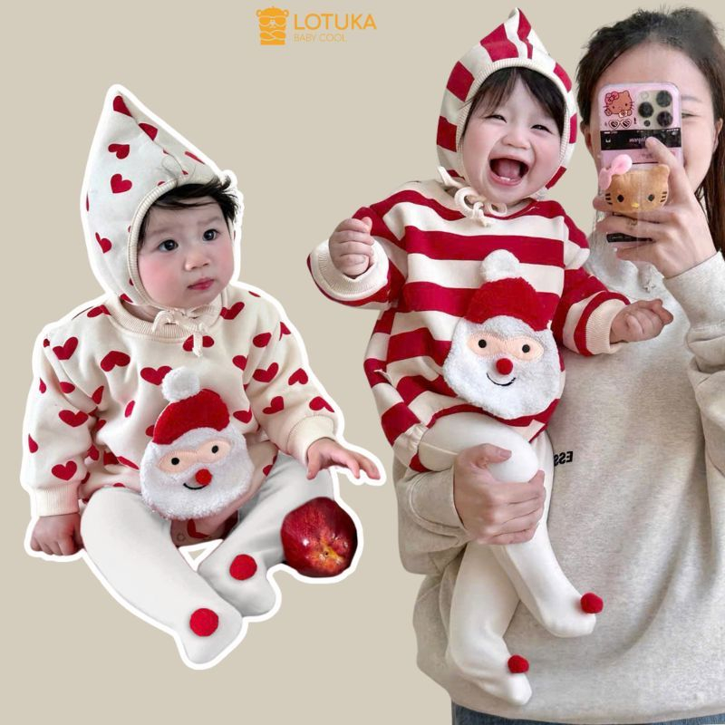 Bộ Liền Thân Chip Noel Kèm Mũ Lót Lông Nhung Ấm Áp Cho Bé, Bodysuit Giáng Sinh LOTUKA, Quần Áo Trẻ Em Size 3-12kg