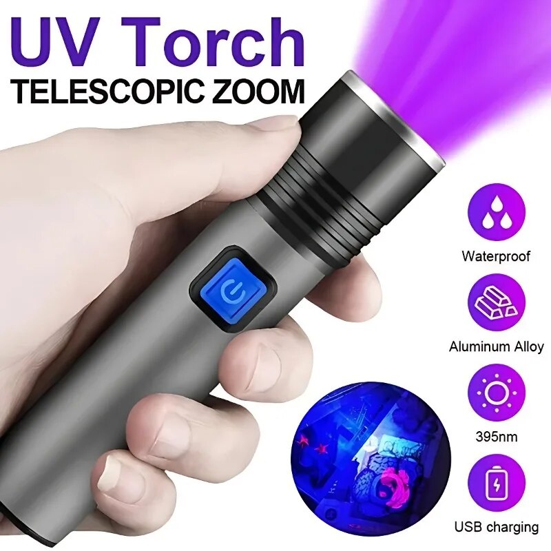 Bóng đèn LED UV Đèn Pin 365/395nm Xách Tay Mini Đèn pin tia cực tím Không Thấm Nước Zoomable ánh sáng màu tím nước tiểu thú cưng Bọ Cạp Detector đèn UV