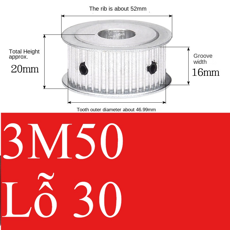 Bánh Răng Đồng Bộ 3M 50 Răng AF Guangfa - Hai Mặt Phẳng, Rãnh 16mm, Lỗ 5-30mm, Nhôm, Truyền Động Chính Xác Công Nghiệp - 16 Lỗ 30