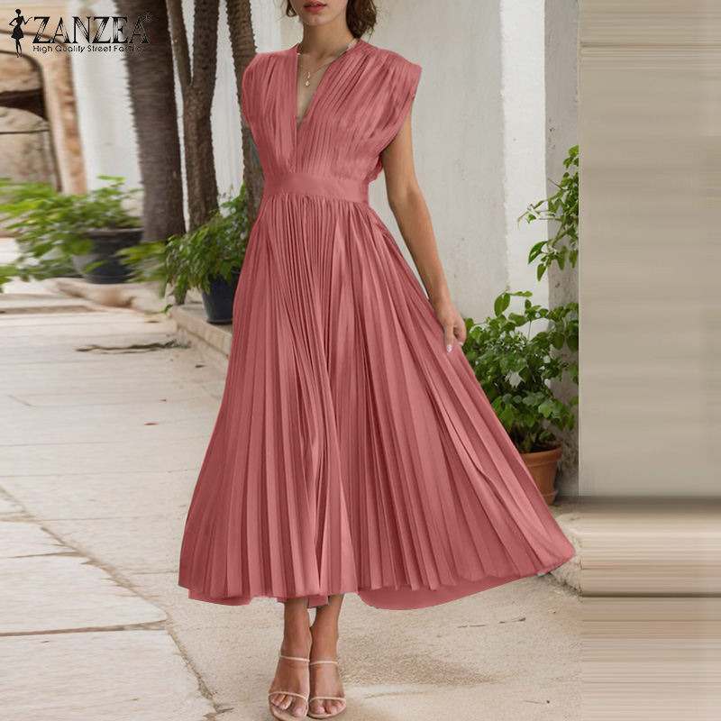 (3 Days Delivery) ZANZEA Women Elegant Pleated V-Neck Dresses Sleeveless Collect Waist Party Club Long Solid Color Dress #F ราคา 305 บาท*ส่งฟรี