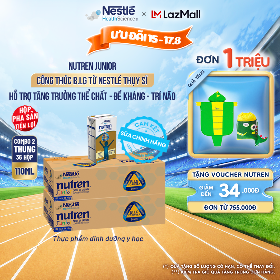 Bộ 2 Thùng 36 Hộp Sữa Pha Sẵn NESTLÉ NUTREN JUNIOR Thụy Sĩ Công Thức BIG Tăng Trưởng Thể ChấtTrí NãoĐề Kháng 110ML 1-10 tuổi